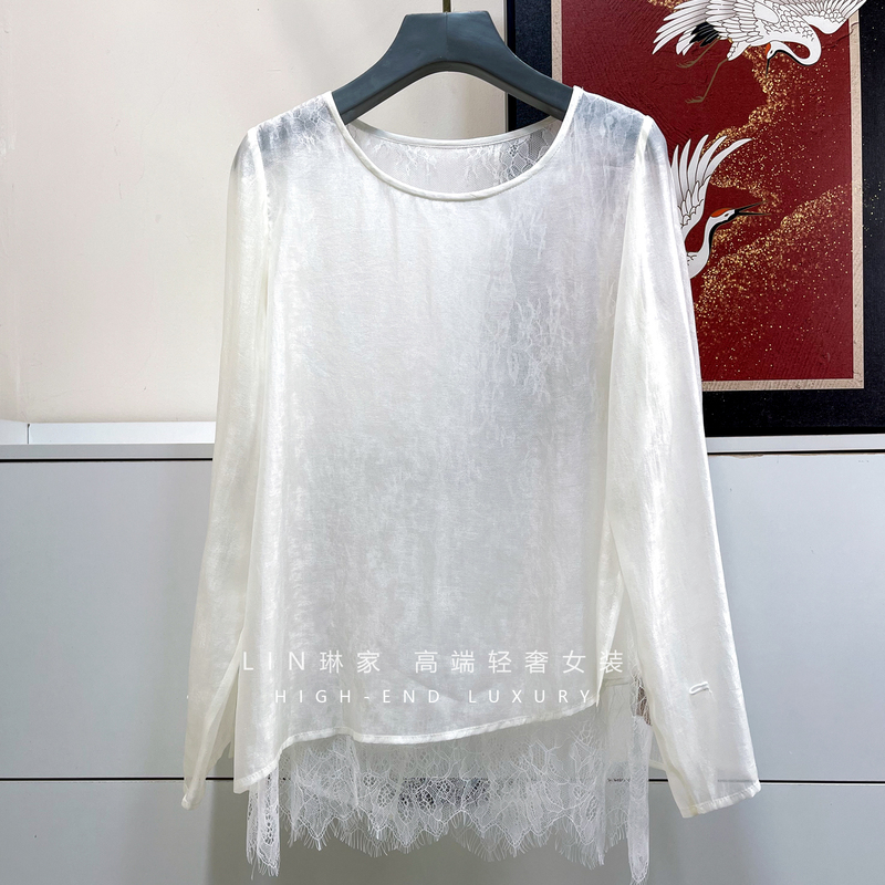 See-Through Thin Lace Patchwork Long-Sleeve Rayon Top Cardigan Sun Protection Shirt Women's Blouse Outerwear Fake Two-Piece