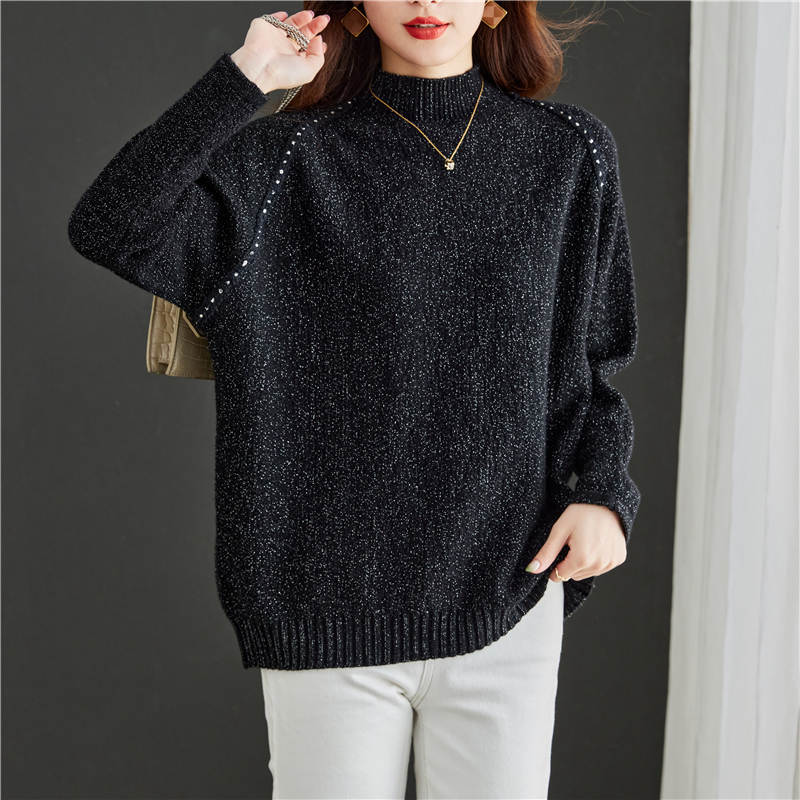Black Glittery Silk Sweater for Women, Autumn and Winter Thickened Version, Plus Size, Half Turtleneck, Stylish Shiny Silk, Lazy Style Knitted Base Shirt