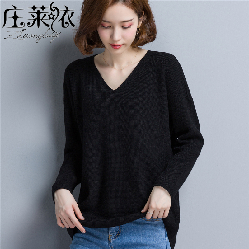 Spring and Autumn Long-Sleeve Pullover Black Loose Sweetheart V-Neck Sweater Thin Outerwear Plus Size Inner Layer Knit Top