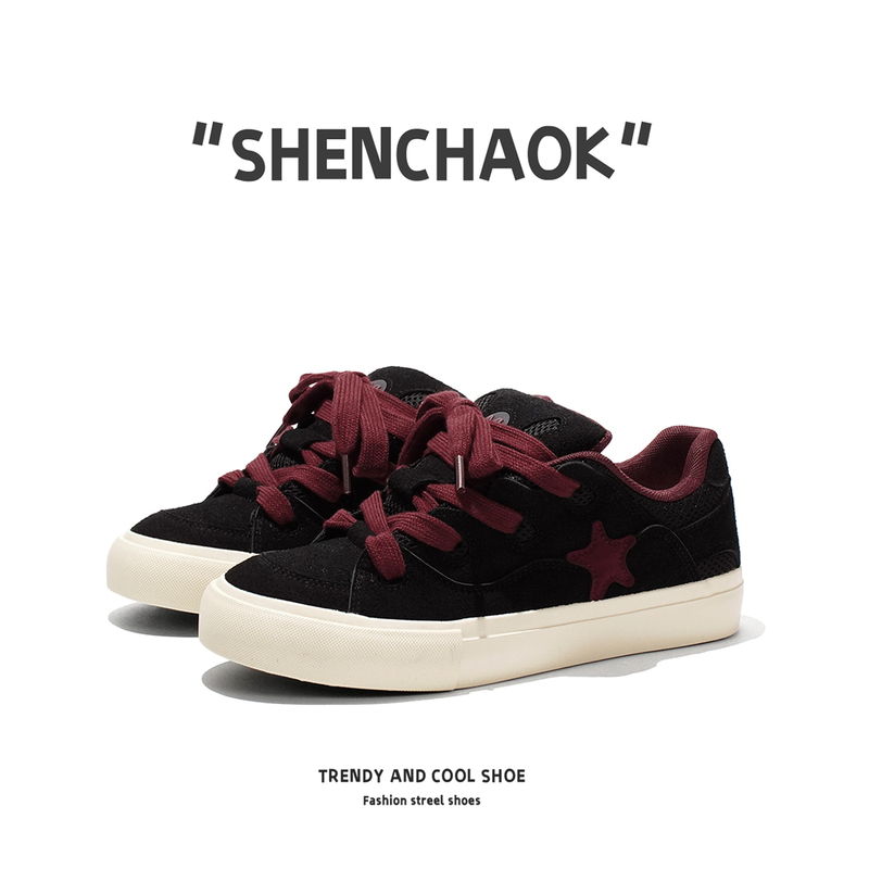 Retro Color-Blocked Star Pattern Sneakers for Men, Black and Red Lace-Up Sports Casual Shoes, Everyday Versatile Trendy Men's Shoes