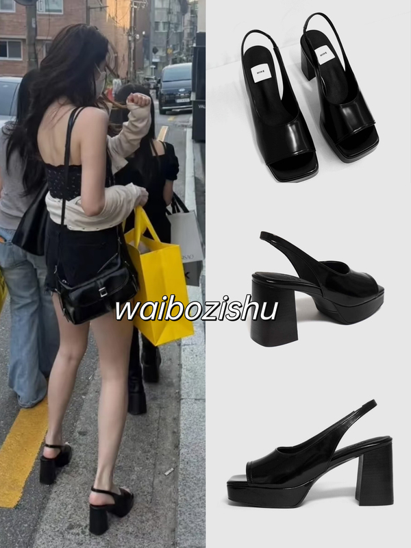 [Same Style as Han Suhye] Hihe 26Ss Hannan-Dong Rampage 8cm Black Patent Leather High-Heeled Sandals with Waterproof Platform
