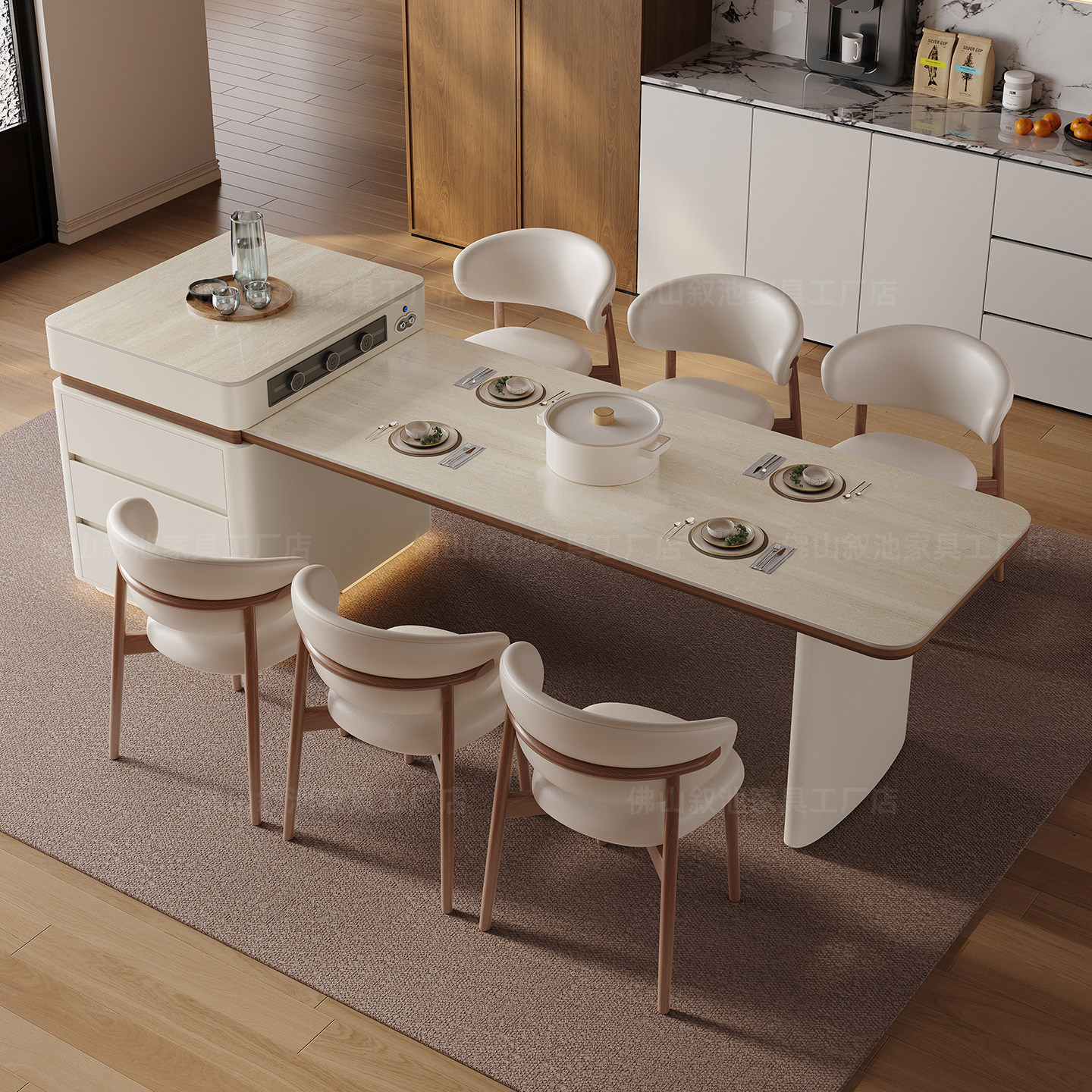 Nordic minimalist cream style island dining table with integrated electric retractable hole stone slab countertop, multifunctional small apartment (-1:-15:Product specifications:Manual retractable tea brewing model+induction cooker 1.8-meter island dinin