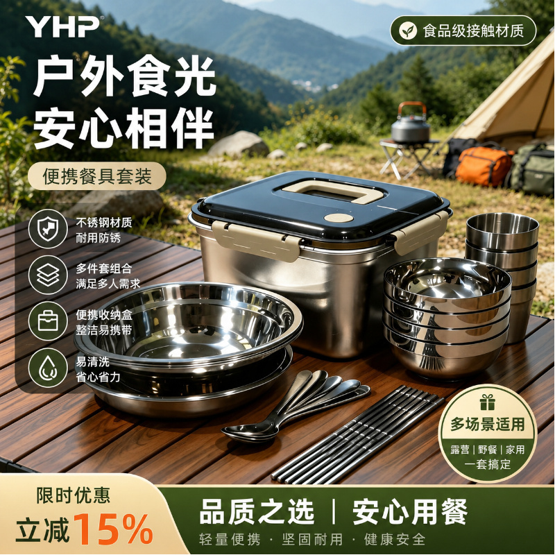 304 Stainless Steel Bowl and Plate Tableware Set Picnic Storage Complete Set Outdoor Camping Portable Lunch Box Tableware Bowls and Chopsticks