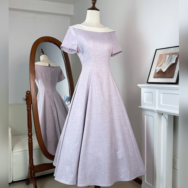 Large Cup Boat Neck Waist-Cinching Long Dress with Regular Shoulders Large Cup Boat Neck Waist-Cinching Long Dress with Regular Shoulders
