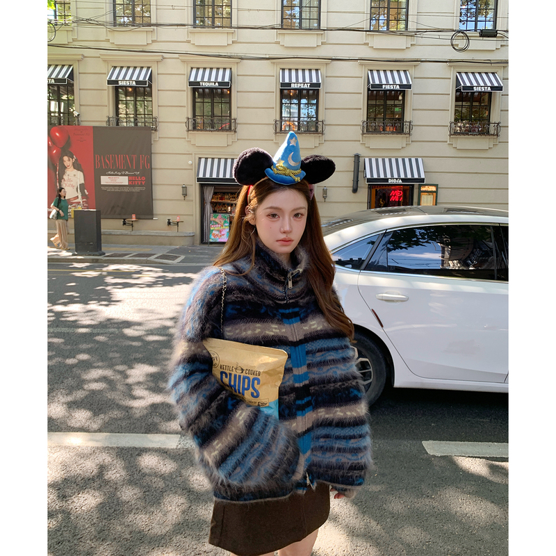 Daisy Fair Isle Brushed Stand Collar Plush 100% Wool Zip-Up Jacket, Super Soft Brushed Versatile Striped Sweater