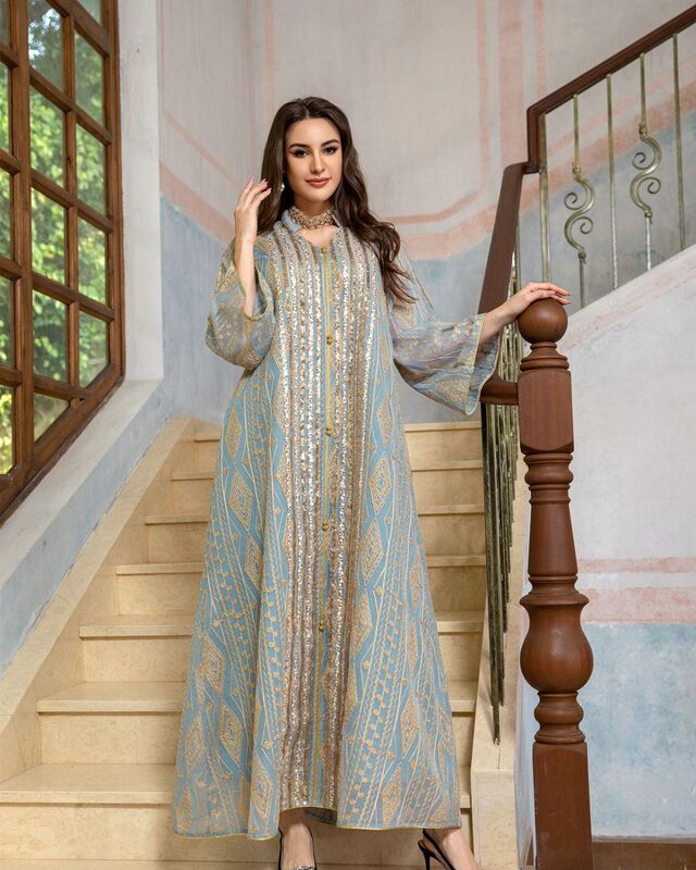 New Year's Mesh Embroidered Evening Dress with Sequin Splicing, Fashionable Long Gown, Long Sleeves, Elegant for Vacation
