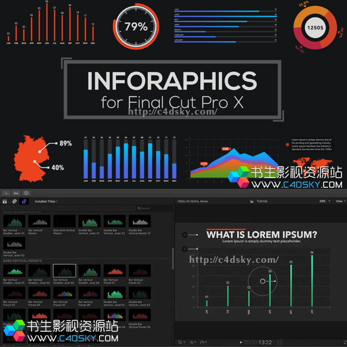FCPX插件-数据图表柱状图饼状图信息展示动画预设 年会员免费下载</span></p> <p>FCPX插件包含:区域图，垂直柱状图，水平柱状图，指示线，折线图，标注，面积图，圆形图，线形图，饼图，标题，20个国家地图和旗帜预置。可以自定义的转换和背景。而且可调整4K分辨率，所有数据图的数值，出入动画、长度大小、数值、颜色等都是可编辑的 