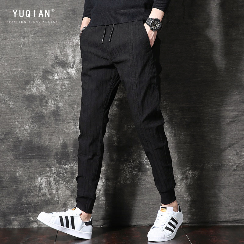 High-end tide brand plus velvet casual pants men's spring and autumn new corset pants slim Korean version of the trend of small feet sports thick cotton pants