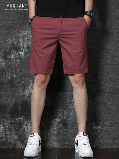 Men's shorts summer thin beach pants European and American trendy brand high-end dark red casual five-point pants men's loose straight