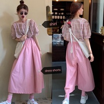 Shirt skirt two-piece female Korean version loose retro pink plaid bubble sleeve shirt long A- line dress