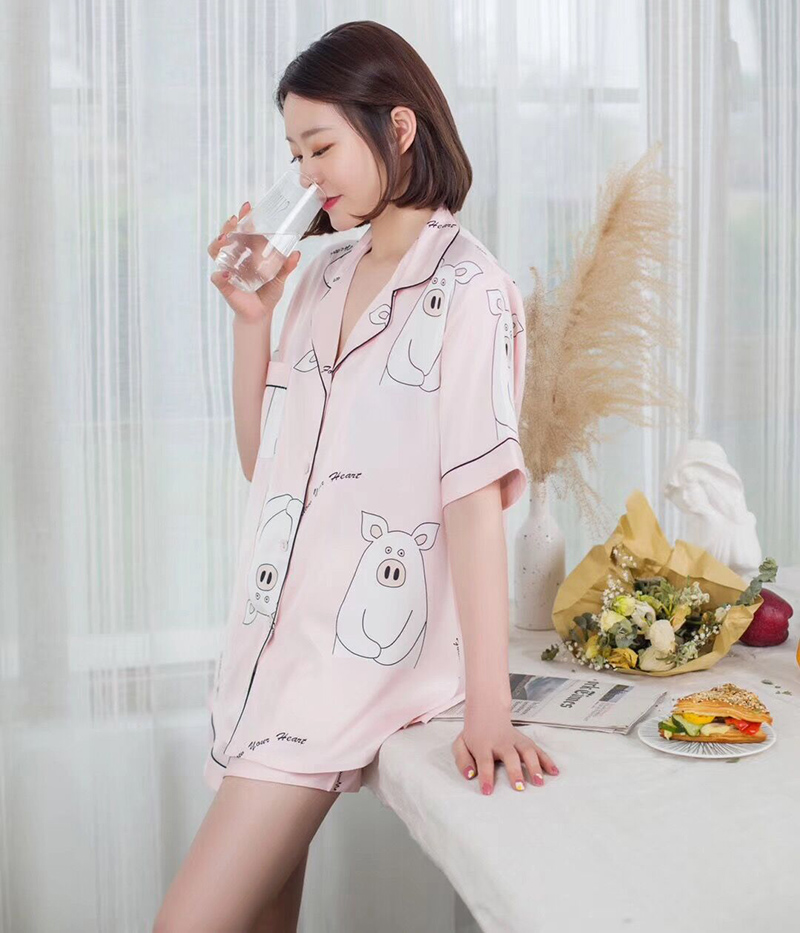Phiên bản tiếng Hàn của phim hoạt hình thư ngắn tay áo hai dây nữ dễ thương in áo len nhà phục vụ phù hợp với váy mùa hè - Bên ngoài ăn mặc đồ bộ thể thao
