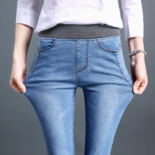Весенние джинсы, приталенные штаны, высокая талия, 2024 года, большой размер, эластичная талия, в обтяжку