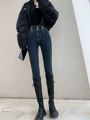 Джинсы, осенние штаны для школьников, высокая талия, по фигуре, в корейском стиле, в обтяжку