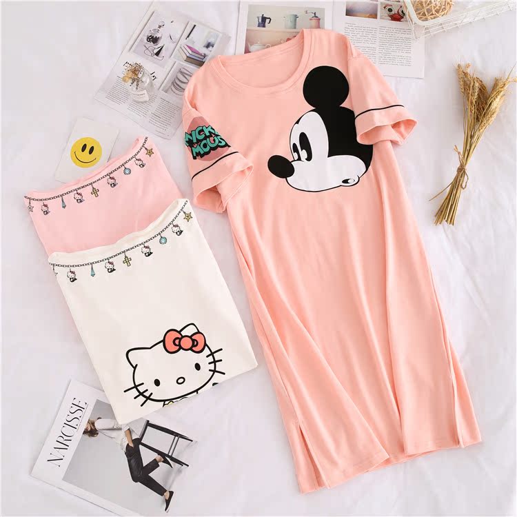 HelloKitty nightdress nữ mùa hè Hàn Quốc phiên bản của sinh viên mới cotton ngắn tay có thể mặc lỏng dài-đồ ngủ dài