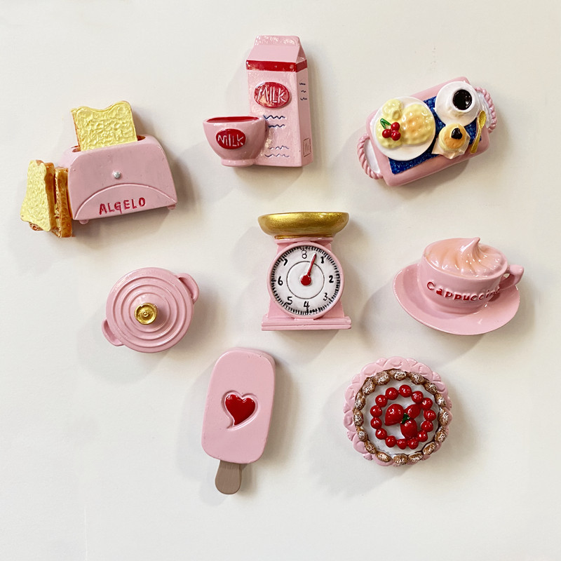 INS Summer Girl Hearts Pink Emulation AFTERNOON TEA RESIN MAGNETIC REFRIGERATOR POST STEREOSCOPIC HOME DECORATION MAGNETIC STICKER