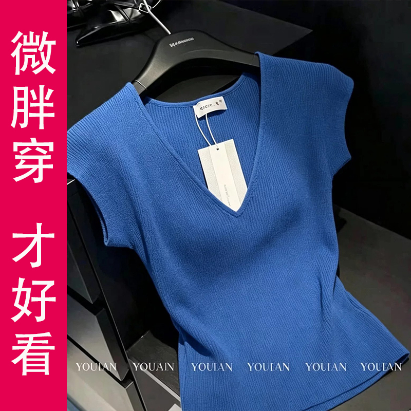 Plus Size Women's Clothing Summer New Klein Blue V-Neck Knitted Short-Sleeve T-Shirt Top with a High-End Feel Sleeveless Vest