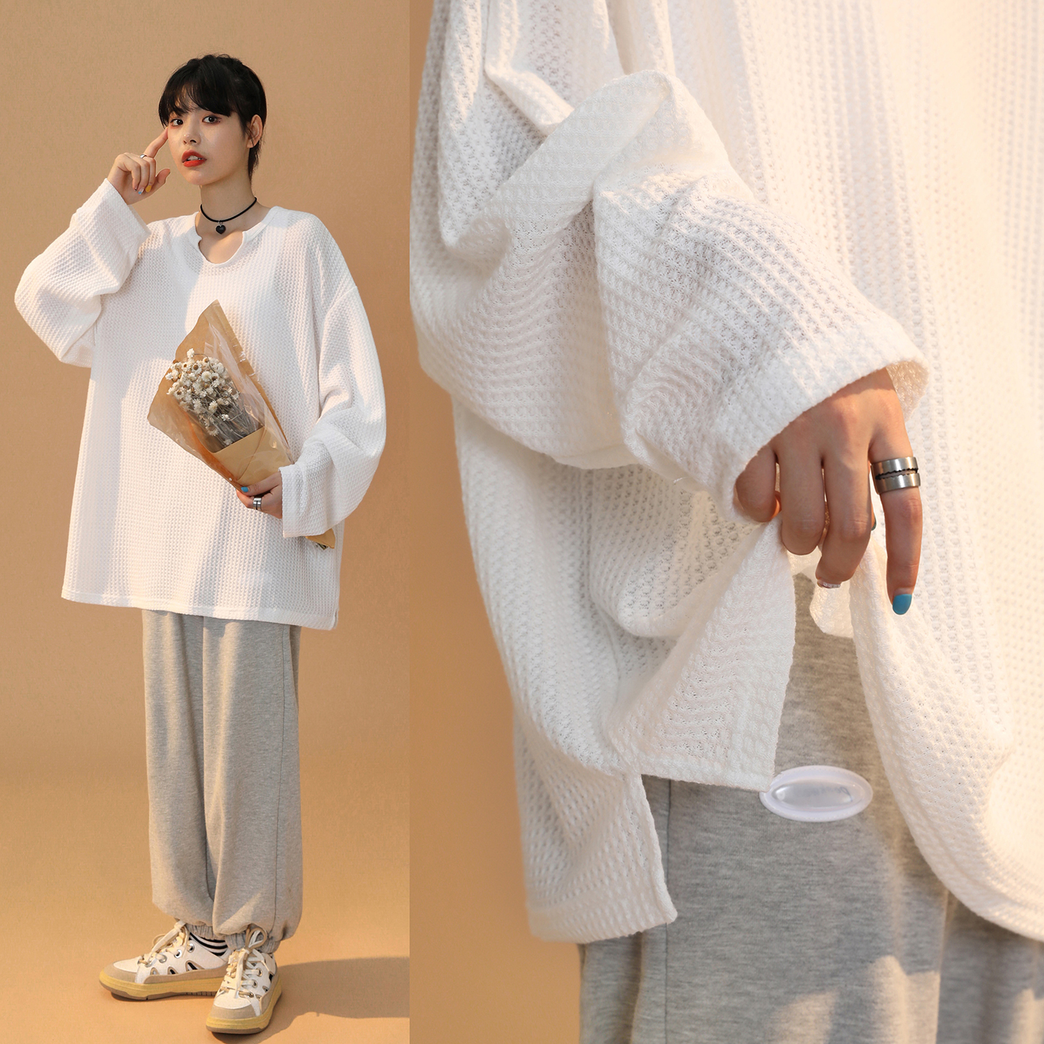 Don't make a sweatshirt V collar lady Little crowdspring autumn new ambience Lazy Pure Desire for short sleeves Knitted Hooded Blouses