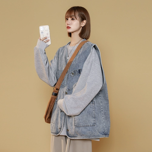 Tide, джинсовый жилет без рукавов, майка топ, модная куртка, V-образный вырез, большой размер, популярно в интернете