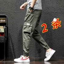 ins autumn overalls mens trendy brand bunches feet loose Leisure cargo students nine points plus size pants Korean trend