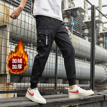 2021 New plus velvet padded overalls mens bunched feet slim Tide brand autumn and winter casual pants men Korean trend