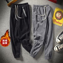 ins Super fire pants men Korean trend corduroy sweatpants autumn and winter loose plus velvet padded casual pants