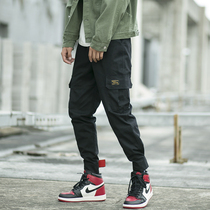 Spring and summer stitching hip-hop Tide brand overalls mens pockets loose small feet plus size fat tie pants casual pants