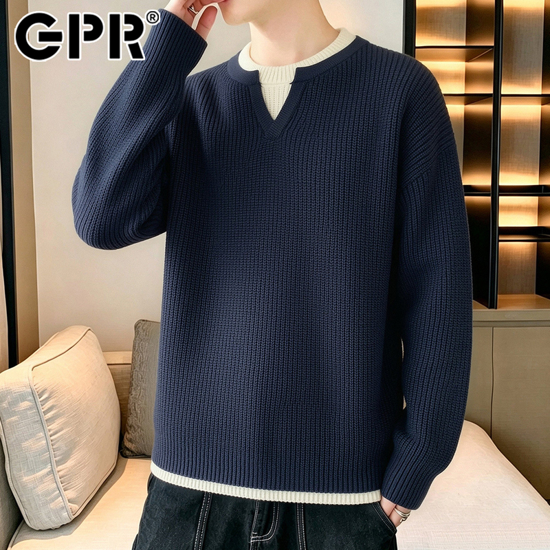 Fake Two-Piece Sweater for Men, Autumn and Winter American Style Trendy Color-Blocking Round Neck Knit Base Shirt, Warm Top Fake Two-Piece Sweater for Men, Autumn and Winter American Style Trendy Color-Blocking Round Neck Knit Base Shirt, Warm Top
