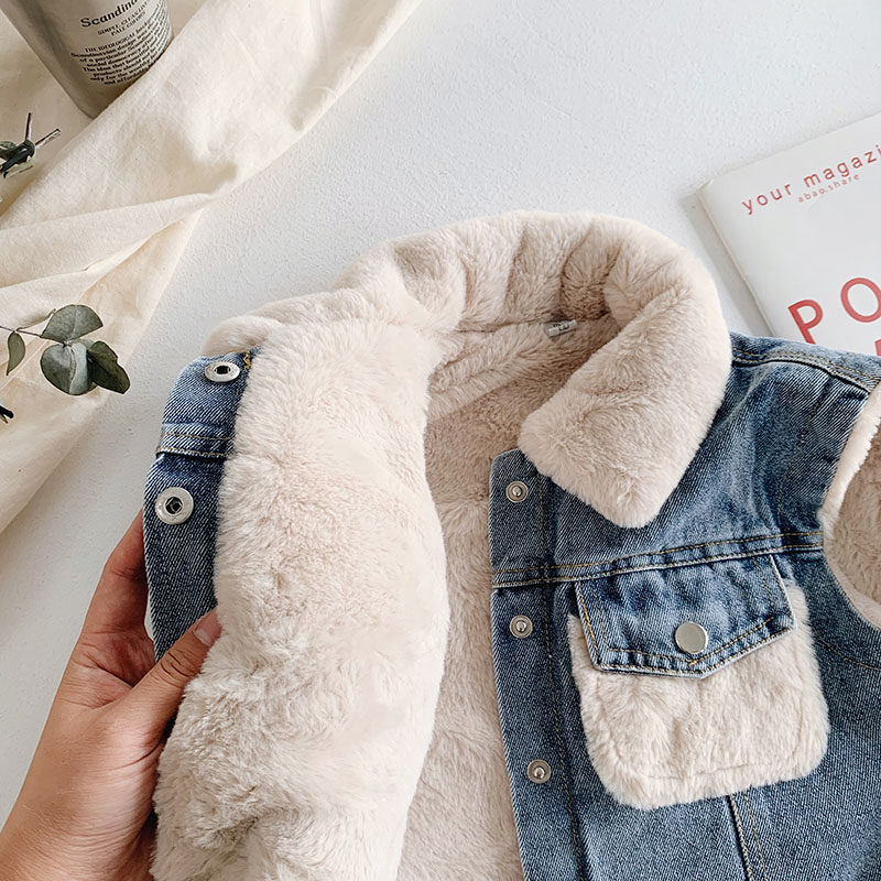 Children's fleece denim vest thickened 2022 winter clothing girls vest vest baby boy lamb wool coat tide