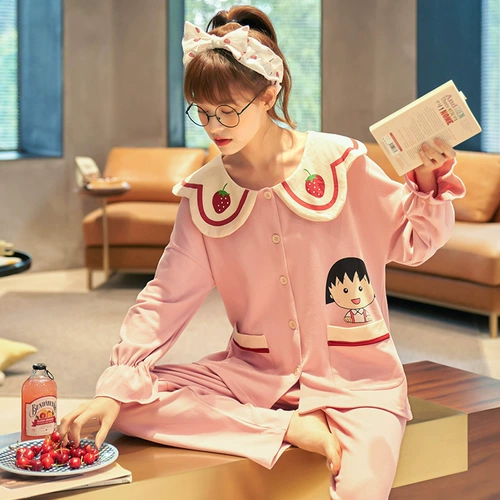 魅娴 Осенняя демисезонная хлопковая тонкая пижама, лонгслив, комплект