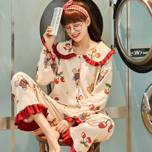 魅娴 Демисезонный хлопковый лонгслив, осенняя милая пижама, комплект, осенний, с медвежатами