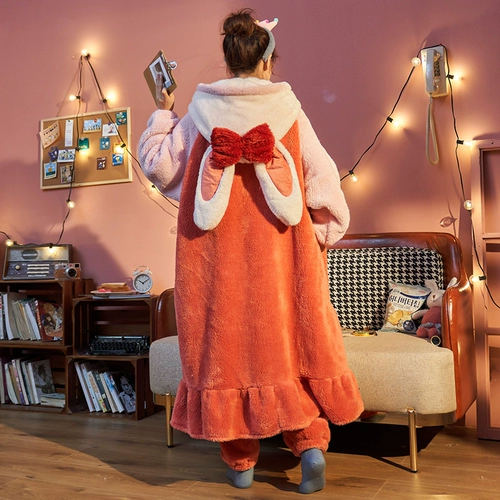 Демисезонный фланелевый банный халат, бархатный милый комплект, кролик, коралловая бархатная зимняя толстовка с капюшоном, увеличенная толщина