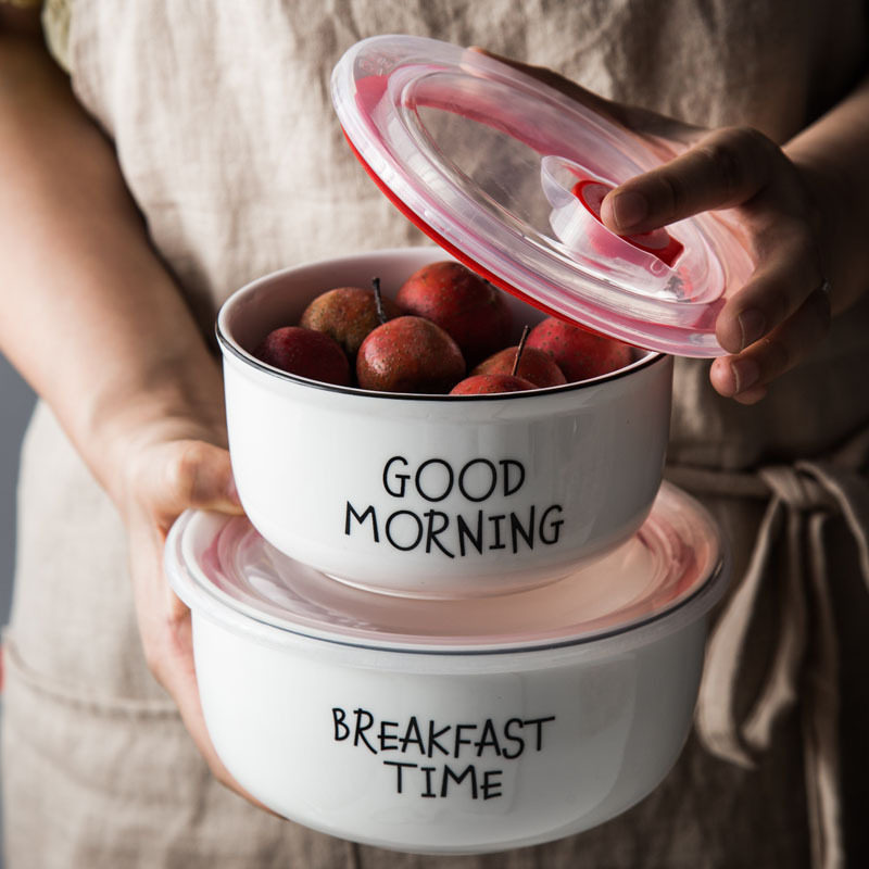 Food grade IKEA vacuum fresh box large capacity with cover microwave oven heating ceramic fresh bowl round seal