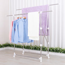 Clothes rack Floor folding indoor double rod type stainless steel simple clothes rack Drying rack Bedroom hanger