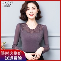 Lace base shirt female spring and autumn long sleeve with bright silk mesh coat temperament slim slim Joker