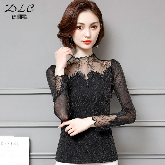 2024 new lace bottoming shirt for women in autumn and winter, sexy turtleneck thin mesh top with hollow inner and western style blouse