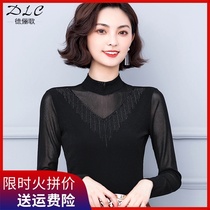 Lace base shirt female spring and autumn Joker black turtleneck gauze shirt with foreign color shirt