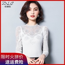White Lace Top Female base shirt Spring and Autumn Joker thin models with net gauze long sleeve slim sexy high neck T-shirt