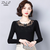 New Autumn Winter lace base shirt womens long sleeve low collar t-shirt shirt black slim modal shirt