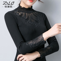 High collar autumn and winter blouse women lace base shirt long sleeve shiny silk slim mesh T-shirt slim foreign atmosphere