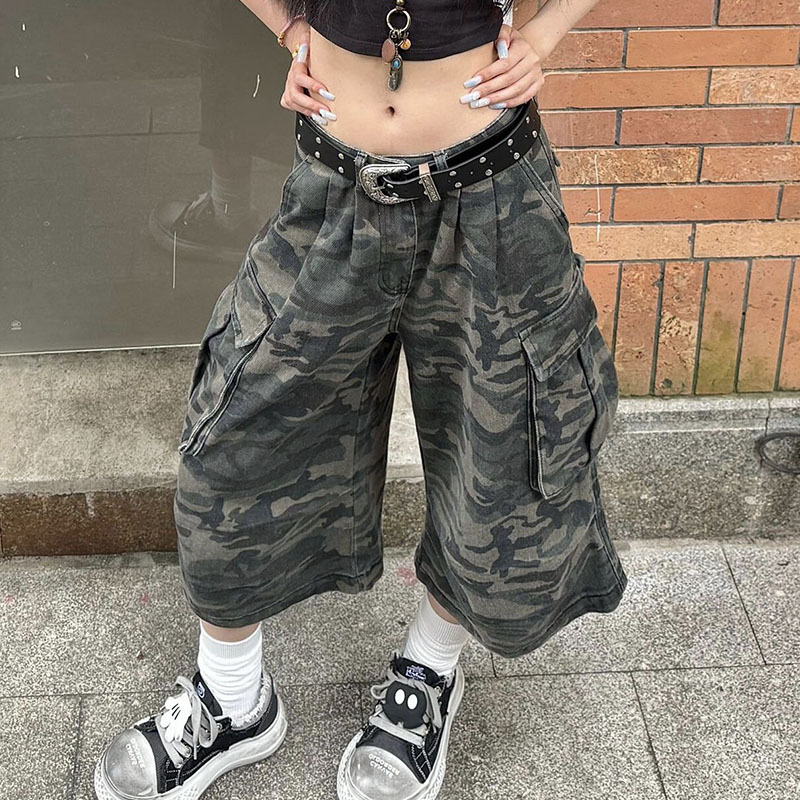 American Retro Washed Multi-Pocket Camouflage Denim Capri Pants for Men and Women, Summer Trendy Brand, Cool and Loose Straight-Leg Shorts
