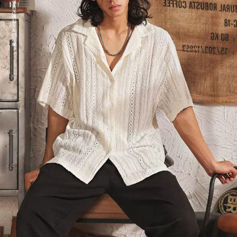 American-Style Hollow-Out Cuban Collar Short-Sleeved Knitted Shirt for Men, Summer Street Fashion Brand, Retro Versatile Casual Half-Sleeve Shirt
