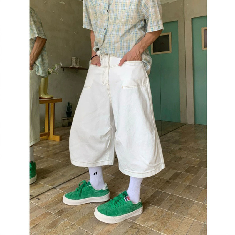 American Retro Washed White Wide-Leg Denim Capri Pants for Men, Summer Street Fashion Brand Loose Casual Work Shorts American Retro Washed White Wide-Leg Denim Capri Pants for Men, Summer Street Fashion Brand Loose Casual Work Shorts