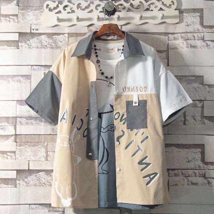 Japanese Trendy Brand Versatile Design Shirt, Two-Tone Short-Sleeve Shirt Jacket for Men, Summer Youth Top Japanese Trendy Brand Versatile Design Shirt, Two-Tone Short-Sleeve Shirt Jacket for Men, Summer Youth Top
