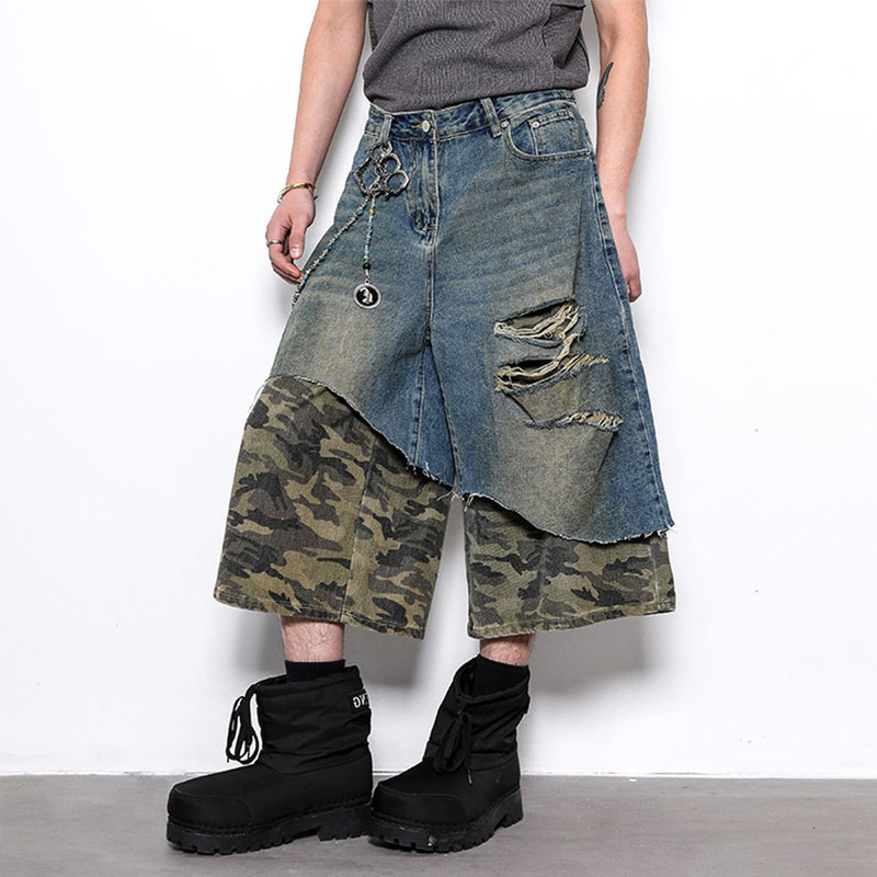 American Retro Camouflage Patchwork Ripped Denim Shorts for Men, Summer Trendy Brand, Cool and Loose Casual Wide-Leg Cropped Pants