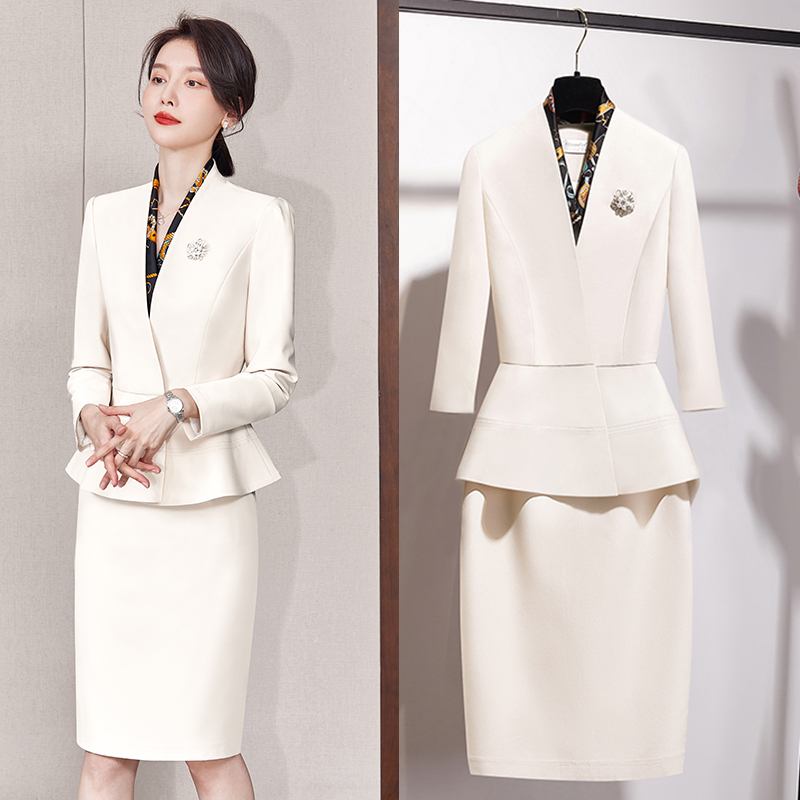 High-End Professional Women's Skirt Suit, Off-White Blazer, Fashionable Business Formal Wear, Beautician Work Clothes