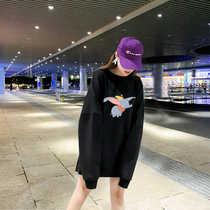 Little flying elephant black sweater woman without hat long thin size 200 pounds super fire cec round collar in spring and autumn 2020