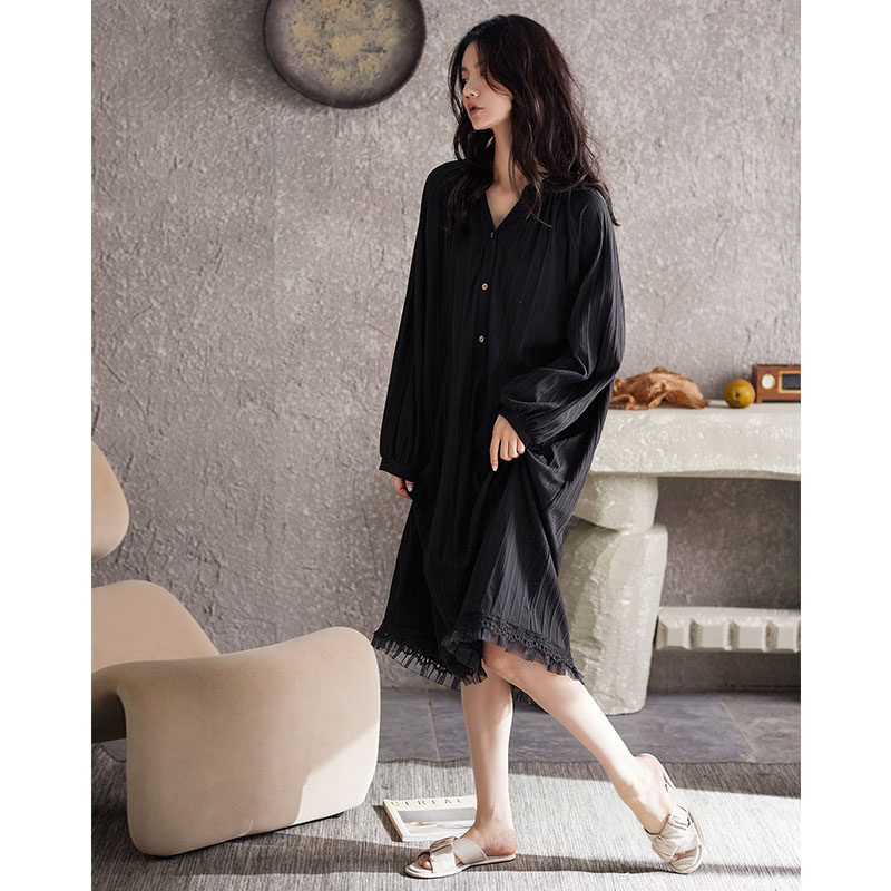 Full of advanced sensations ~ dream art Sleeping dress Women Fall pure cotton minimalist stripes can be worn outside the home dress
