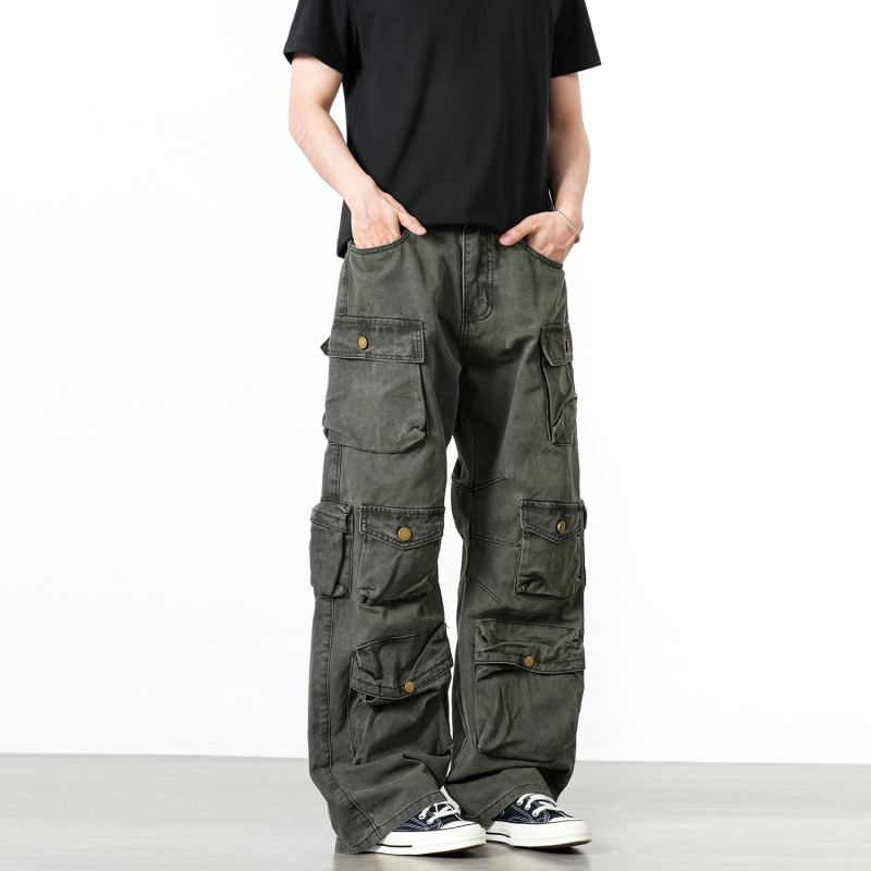 Rain Edm American Retro Distressed Multi-Pocket Paratrooper Cargo Pants Men's Trendy Brand Design Loose Straight Pants