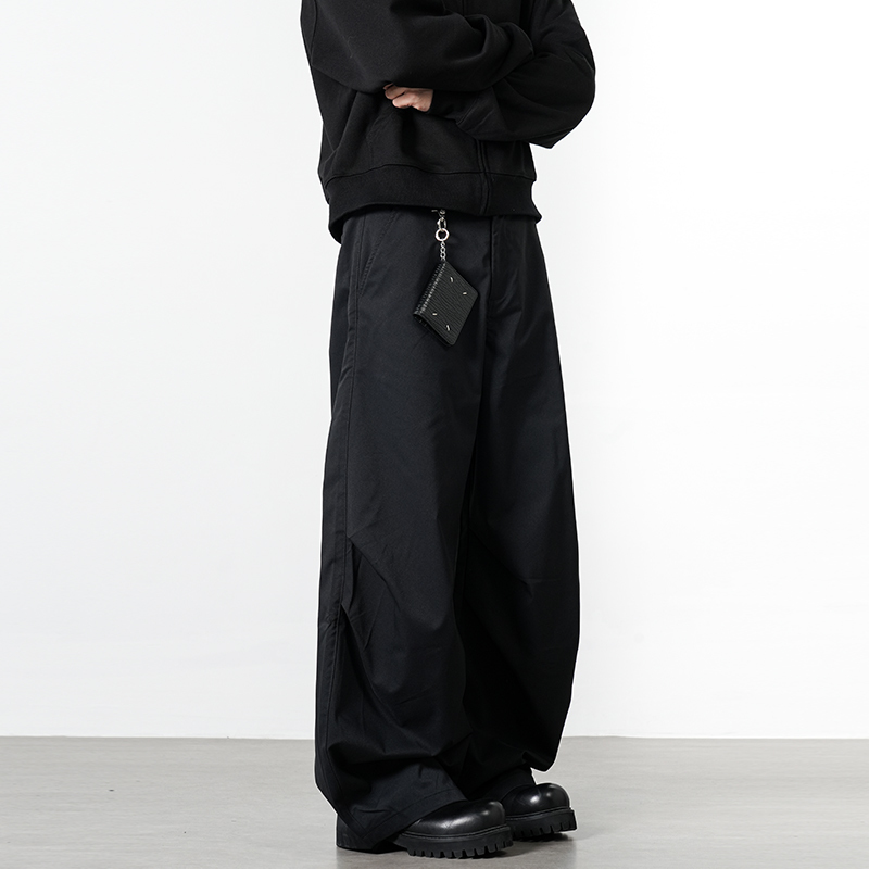 Rain Edm American Retro Pleated Design Scimitar-Style Trousers for Men, Black Loose Wide-Leg Cleanfit Pants