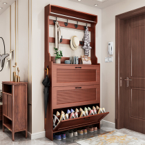 New Chinese style ultra-thin shoe cabinet household door large capacity with coat rack tipping bucket storage entrance cabinet solid wood color shoe rack
